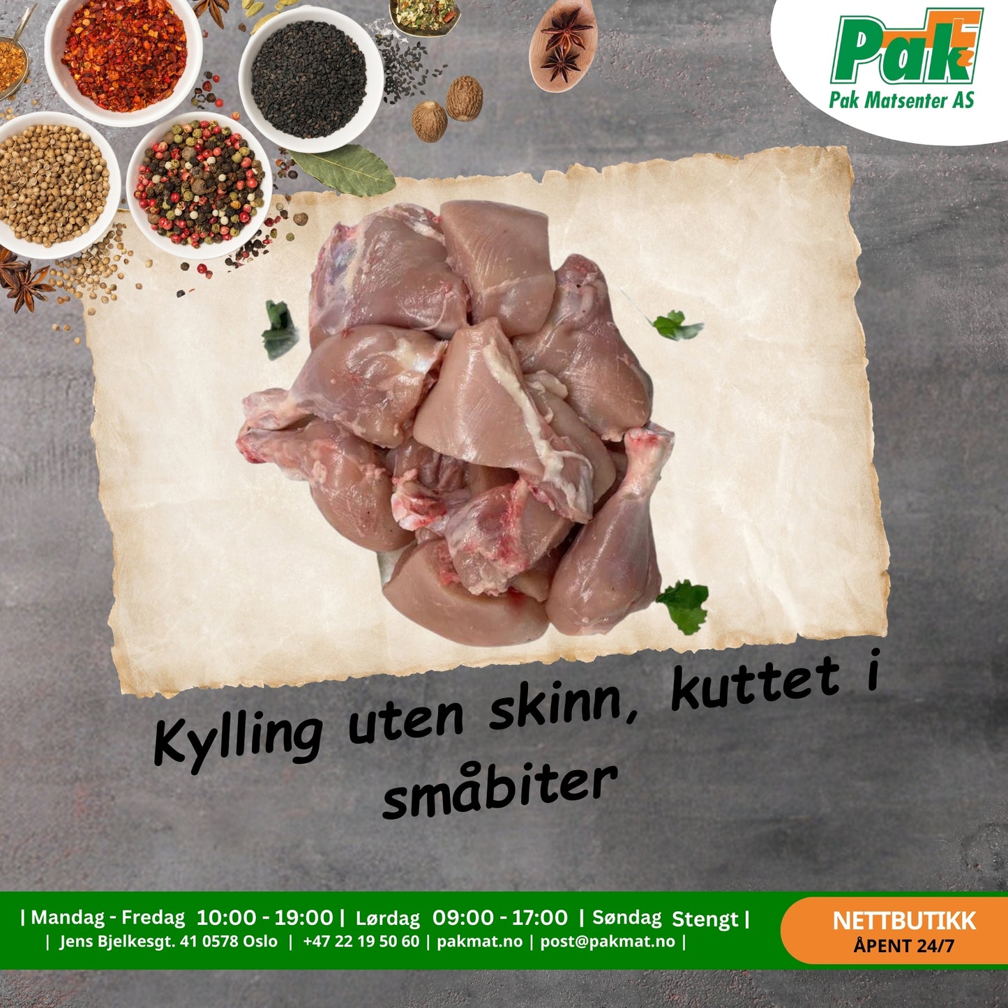 Kylling uten skinn, kuttet i småbiter 95.-kr pr kg. Ca 1.2kg pr pakke. Pris ca 100kr pr pakke